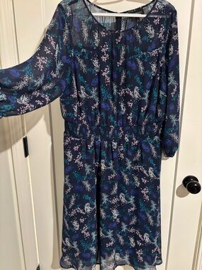 Lane Bryant Navy Floral Midi Dress with Teal, Pink & Purple Sprigs